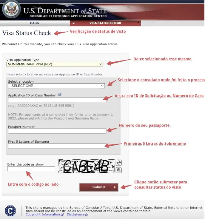 Tela do site oficial do consulado americano para consultar o status do visto B1/B2