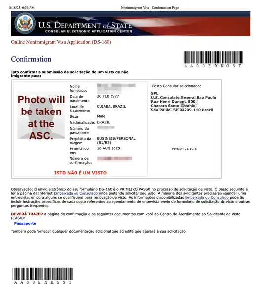 Exemplo pagina de confirmacao ds160 impressa
