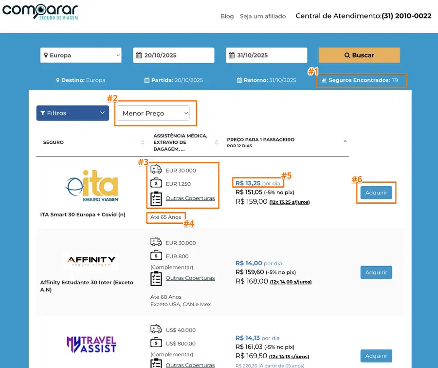 Exemplo tela resultado cotacoes comparar seguro viagem