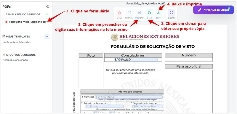 Formulário PDF editável para solicitar visto mexicano