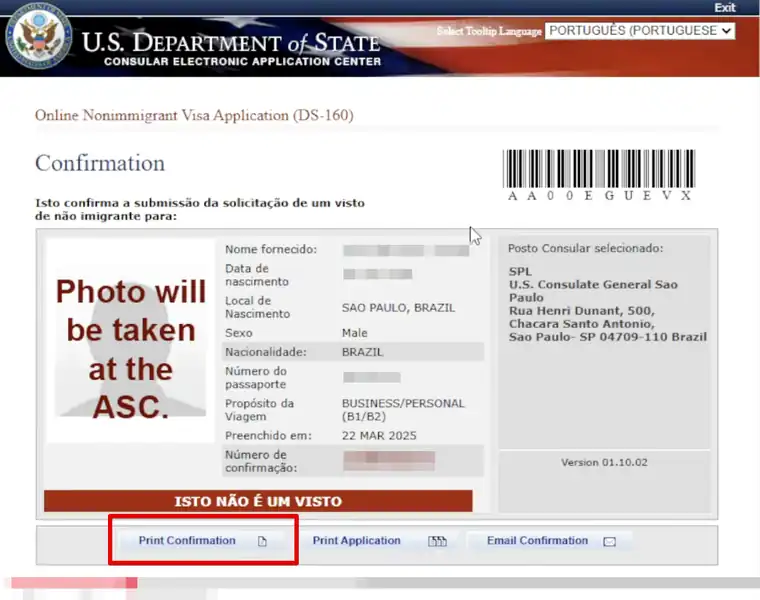 Imprimir confirmacao ds160 clicando botao print confirmation