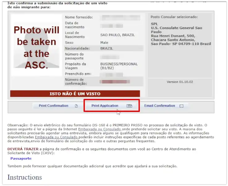 Mostrando como imprimir a aplicacao do ds160