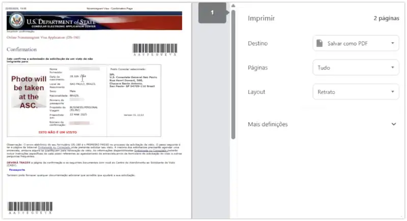 Mostrando como imprimir pagina de confirmacao do ds160